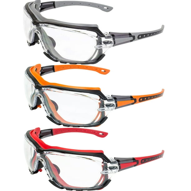 Global Vision 3 Pairs Octane Safety Glasses Grey Orange and Red Gaskets Clear Lens